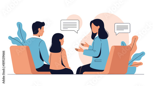 Compassionate therapist sits with a man and his young daughter for a family counseling session to discuss their mental well-being.