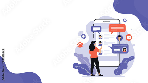 Young woman uses a smartphone to access a social media platform featuring various user profiles and colorful chat notification bubbles.