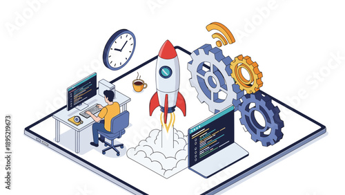 Programmer works at a computer desk with a launching rocket and large gears symbolizing the start of a new software project or startup.
