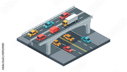Isometric city highway scene with overpass and colorful cars