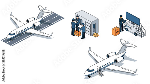 Isometric airplane service scene with crew and equipment in modern style