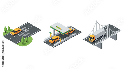 Isometric urban transportation elements with taxi, gas station, and truck on bridge