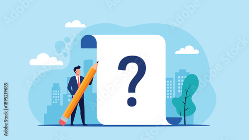 Professional businessman holding a giant yellow pencil stands next to a large paper document with a question mark.