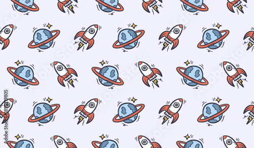 Space rocket background. Doodle spaceship pattern background. Planet seamless pattern background. Outer space hand drawn seamless pattern wallpaper.