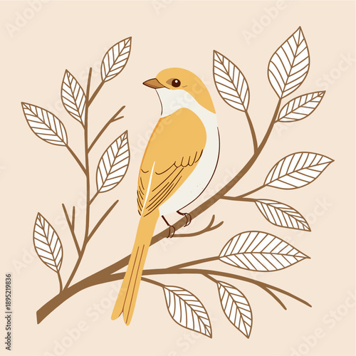 Hand Drawn Illustration of a Cute Yellow Bird Perched on a Tree Branch with Leaves