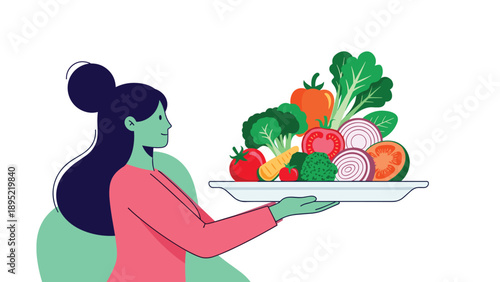 Healthy woman holds a large tray filled with fresh vegetables like broccoli, carrots, onions, and tomatoes in her hands.