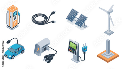 Isometric renewable energy icons: electric car, charging station, solar panels, wind turbine