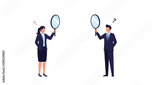 Business man and woman in formal attire hold large magnifying glasses while looking for opportunities or analyzing data.