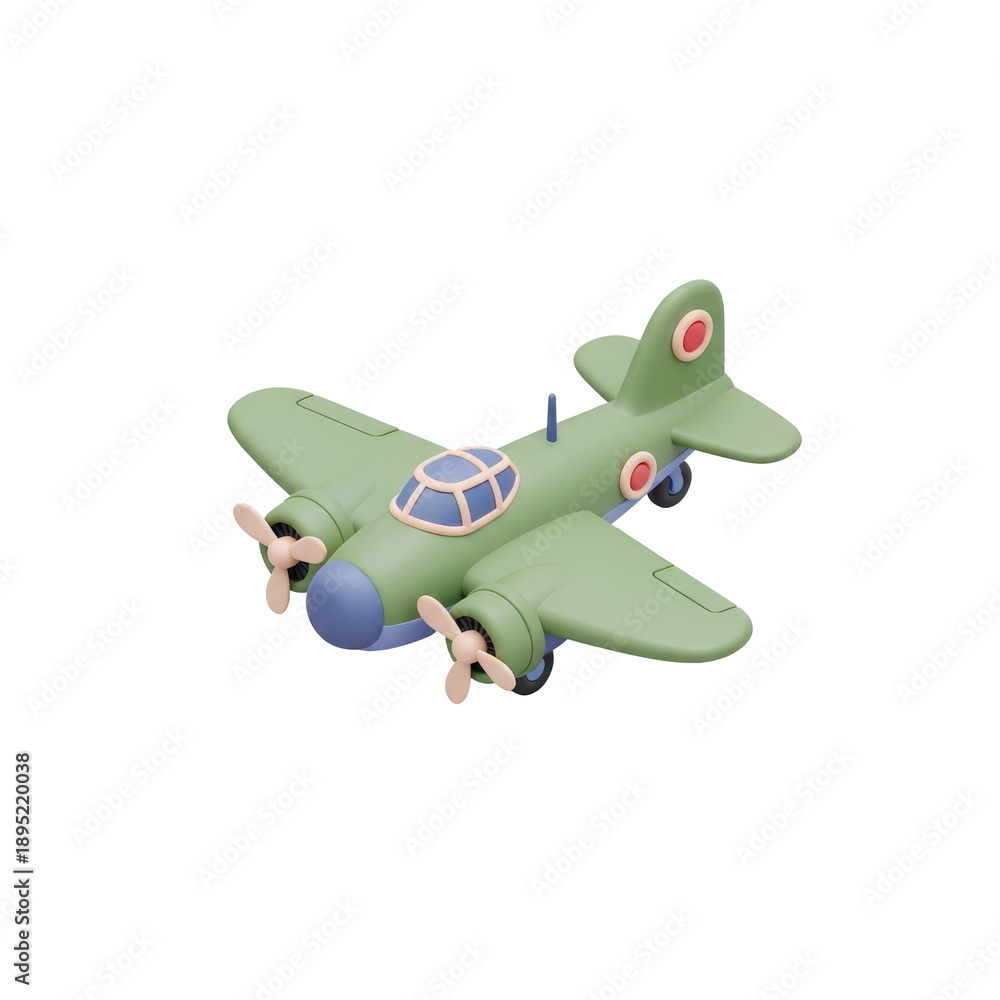 Naklejka premium Vintage green toy propeller airplane with Japanese markings isolated on white.