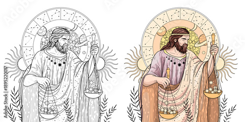 Coloring book, vintage vintage style deck of tarot cards. magical predictions of the future, mysterious characters.