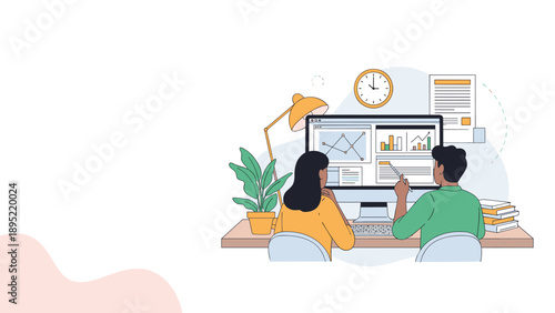 Coworkers sit together at a workstation analyzing complex charts and graphs on a computer monitor in a bright office.