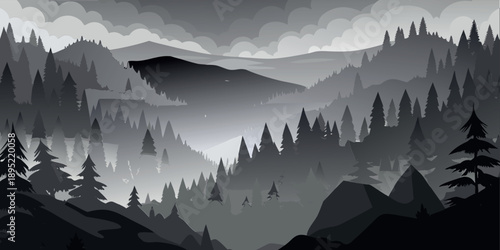 Minimalist Monochrome Mountain Range and Pine Forest Vector Landscape