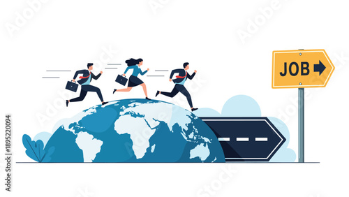 Group of business professionals run across the globe towards a sign pointing the way to a new career opportunity.