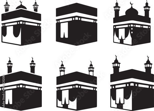A stark black and white silhouette depicts the exterior of the al masjid al haram the great mosque of mecca silhouette