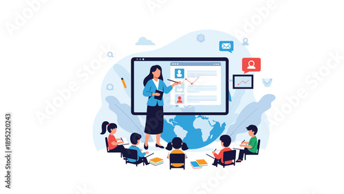 Educational presenter stands before a digital screen showing profiles while a group of diverse children take notes.