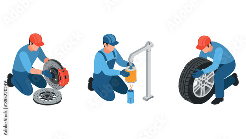 Isometric auto repair workers: brake, oil, and tire maintenance