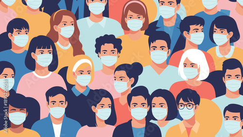 Diverse group of many people from different backgrounds wearing blue protective face masks in a crowded space.