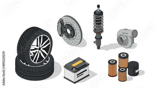 Auto parts collection in isometric style: tires, brakes, and more