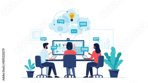 Team of three professionals collaborate at a computer station while a large light bulb idea bubble floats above them.