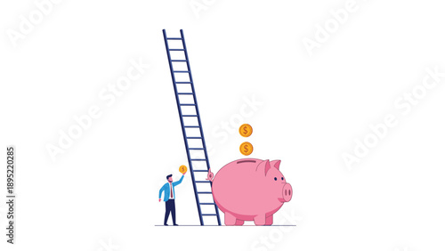 Small businessman uses a tall ladder to place a gold coin into a massive pink piggy bank for long-term savings.