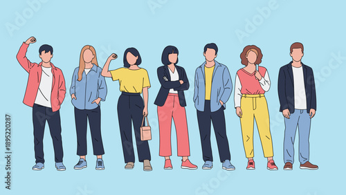 Large group of diverse young people stand together side by side against a light blue background in stylish casual wear.