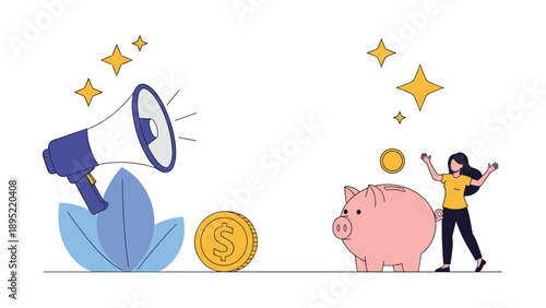 Megaphone announces financial news as a woman puts a coin into a giant pink piggy bank for savings and investment.