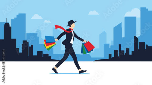 Stylish man in a black suit and hat walks through a blue city skyline carrying many vibrant shopping bags.