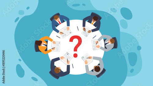 Group of business professionals sit around a circular table with a large red question mark in the middle during a meeting.