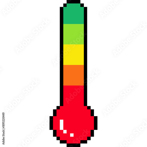 Pixel Art Red Thermometer Hot, High Temperature Gauge, Retro Game Heat Meter, Medical Health Icon Indicator