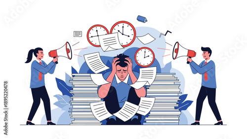 Stressed office worker sits overwhelmed by huge piles of paper while colleagues shout instructions through megaphones.
