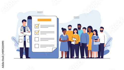 Confident male doctor in a white coat stands before a giant medical checklist with a diverse group of patients.