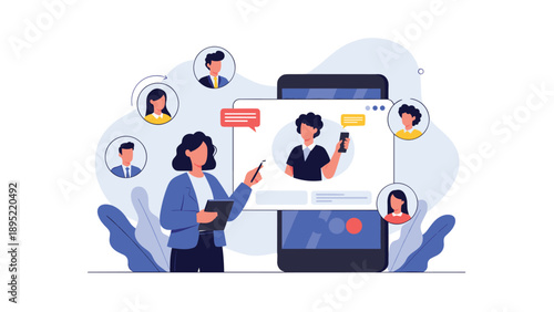 Professional businesswoman in a blue suit points to a smartphone screen displaying various user profile icons and data.