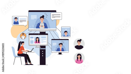 Professional woman working on laptop at desk while communicating with team through diverse virtual video conference screens.