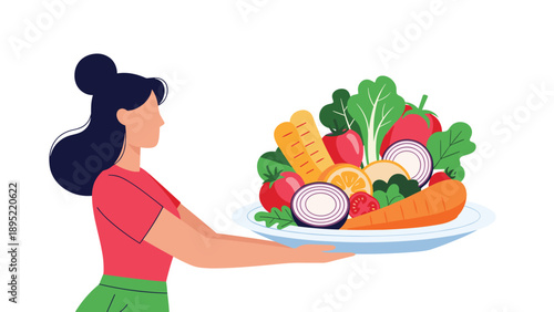 Healthy woman holding large white plate filled with diverse assortment of fresh raw vegetables and fruits for balanced diet.