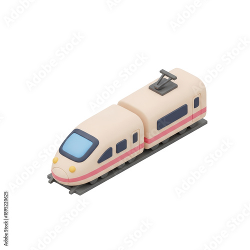 Isometric 3D illustration of a cute toy high speed bullet train on tracks.