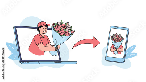 Delivery person holding bouquet of flowers emerging from laptop screen toward mobile phone showing digital gift sending concept.