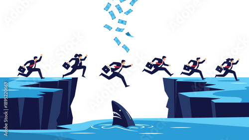 Group of business people jumping over dangerous cliff gap with falling money while shark waits in water below for risks.