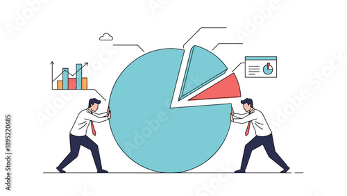 Pair of professional businessmen pushing pieces of large blue pie chart together representing market share and data integration.