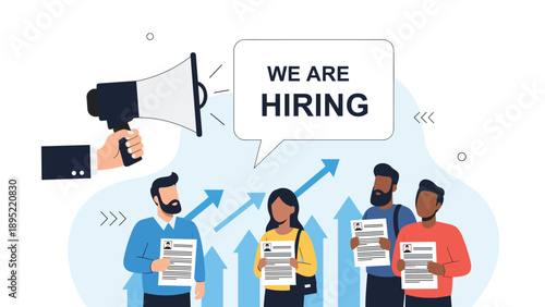 Recruitment campaign showing hand holding megaphone with we are hiring text above candidates with professional resumes.