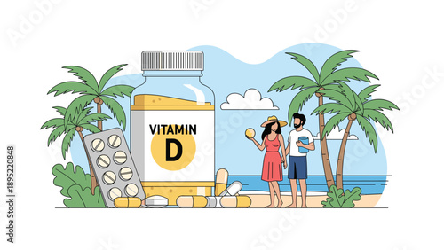 Healthy couple on sunny beach with giant vitamin D supplement bottle and blister pack for summer wellness concept.