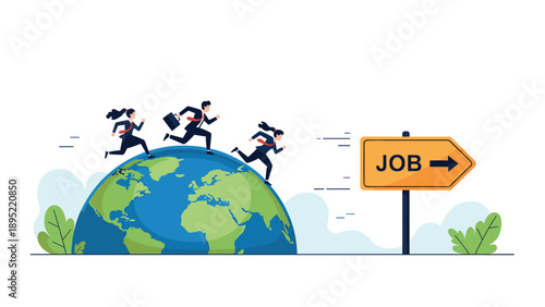 Diverse professional group running on top of earth globe towards directional sign for job opportunities and global career.