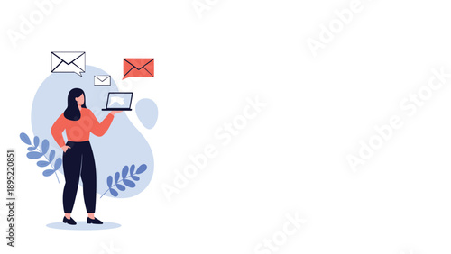 Professional woman holding open laptop while multiple digital email envelope icons fly in air for communication concept.
