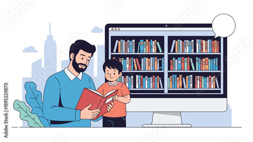 Caring father reading book to young son in front of large computer monitor showing digital library for modern education.