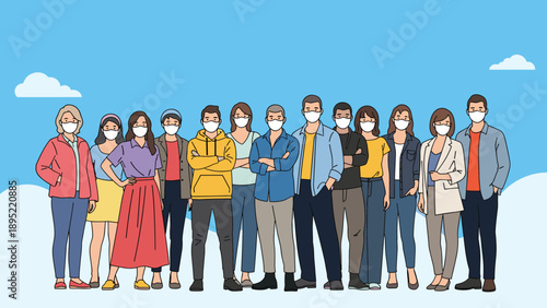 Large group of multicultural diverse people standing together wearing protective medical face masks under blue sky.