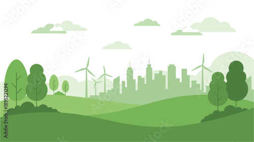 Sustainable cityscape with wind turbines and green landscape