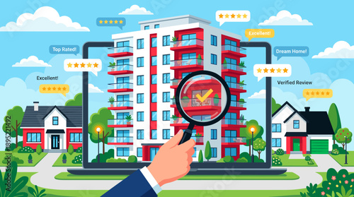 Modern apartment building with excellent customer reviews and ratings