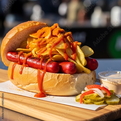 Wallpaper Mural Loaded sausage sandwich with french fries and sauce on a bun. Torontodigital.ca