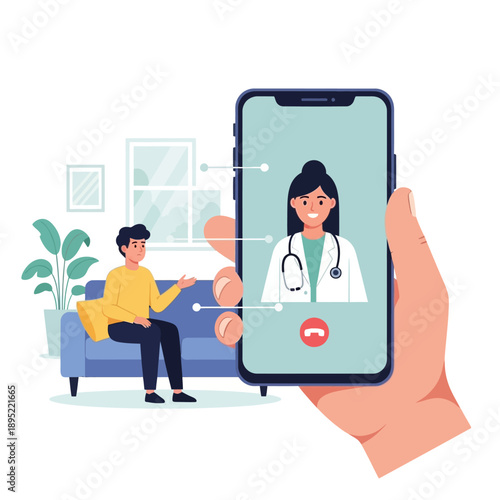 Telemedicine consultation on smartphone, doctor and patient video call, online healthcare service, remote medical appointment, virtual clinic, for website or app UI isolated on White Background