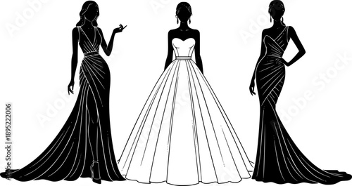 Silhouettes of women in elegant dresses on a white background woman female
