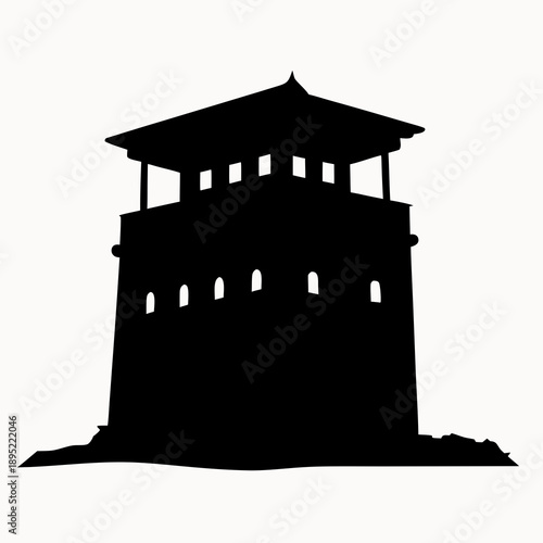 A black silhouette of an ancient watchtower or fortress with a pagoda style roof